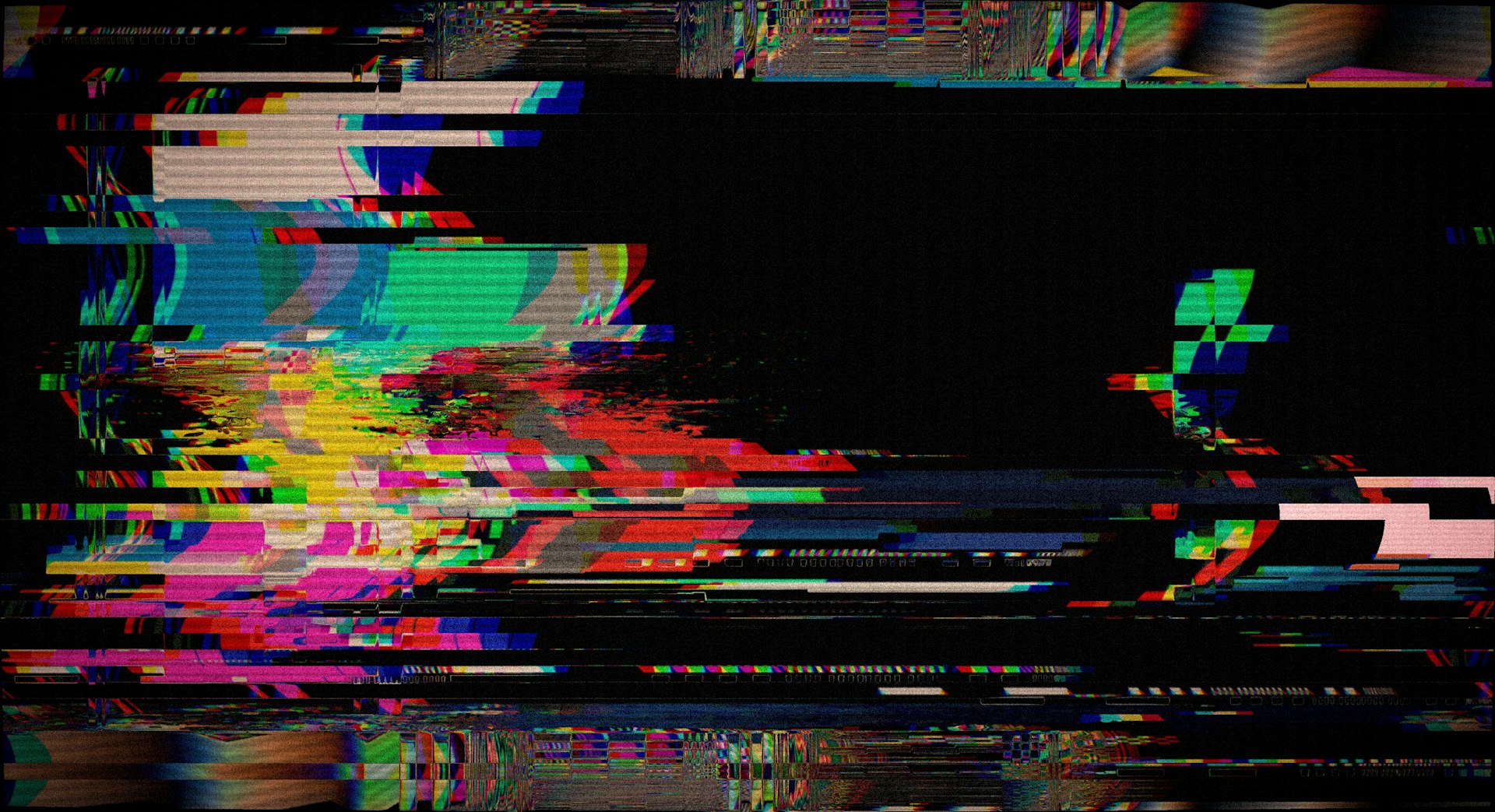 Colourful digital static noise on a black screen