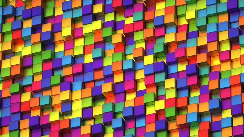 A wall of small coloured squares resembling pixel art