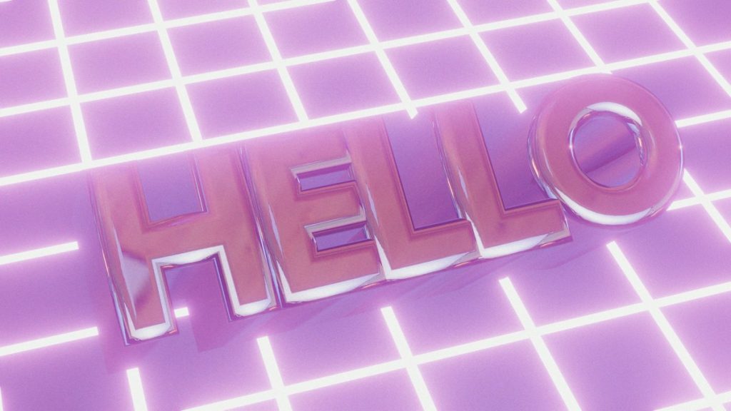 The word hello rendered in 3D above a glowing purple grid