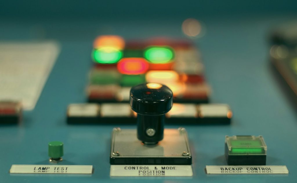 A close-up of a control device covered in small buttons