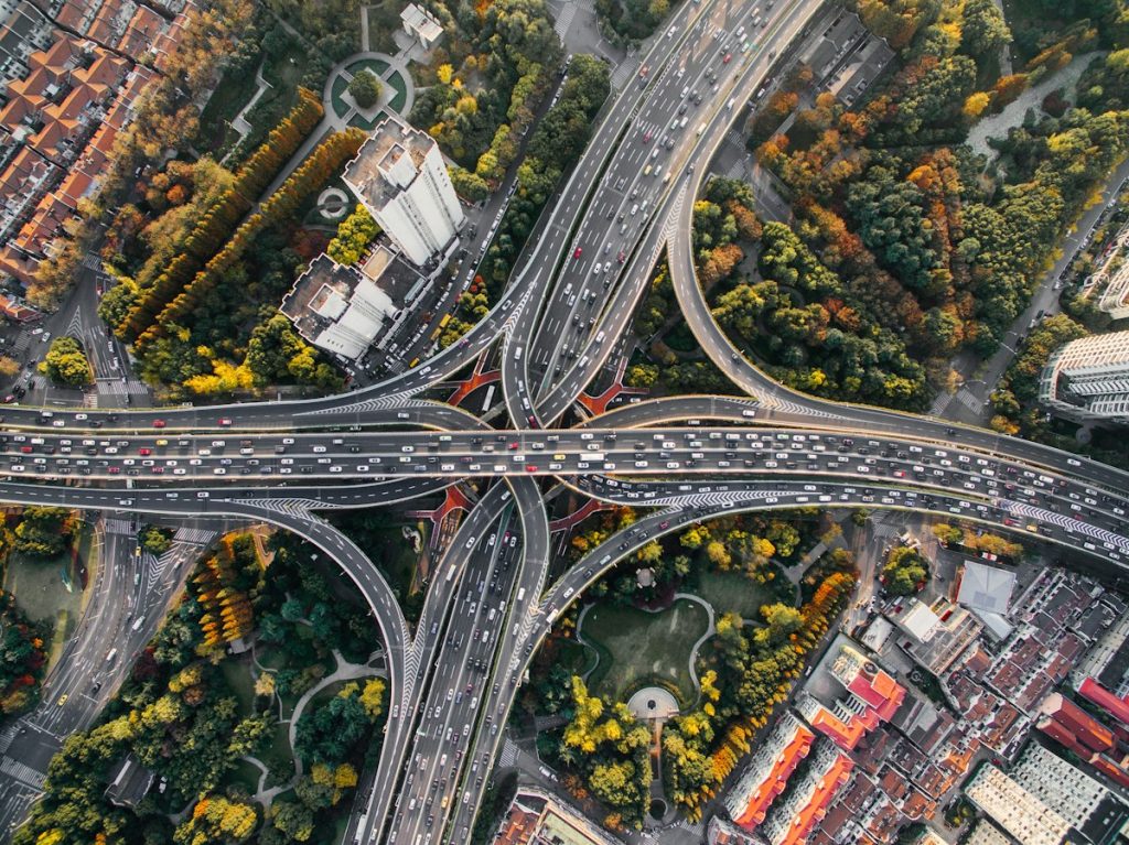 An aerial view of roads meeting at a junction
