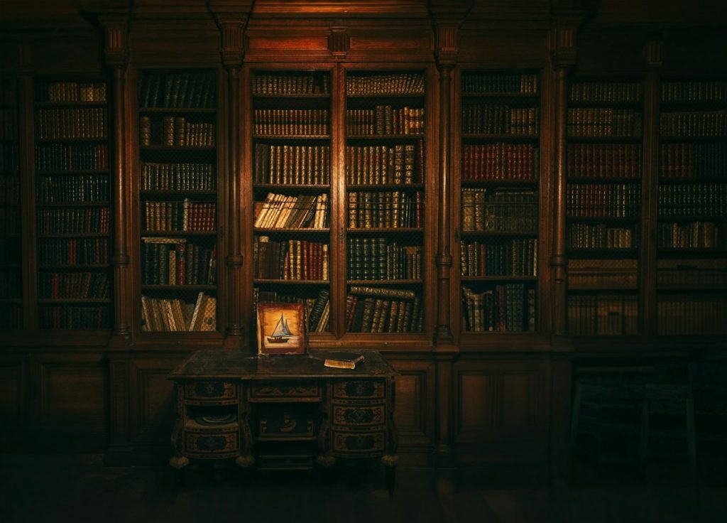 Floor-to-ceiling shelves packed with old books